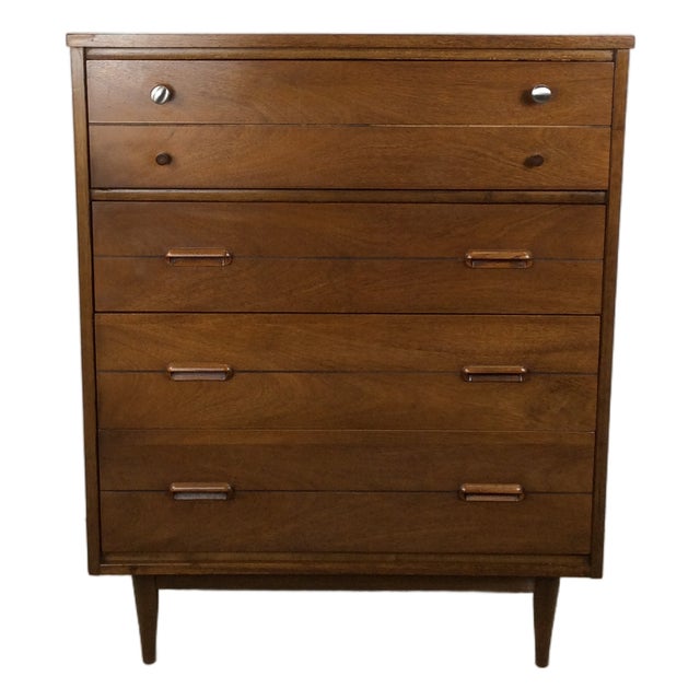 Mid Century Modern Four Drawer Highboy Dresser With Chrome Hardware For Sale