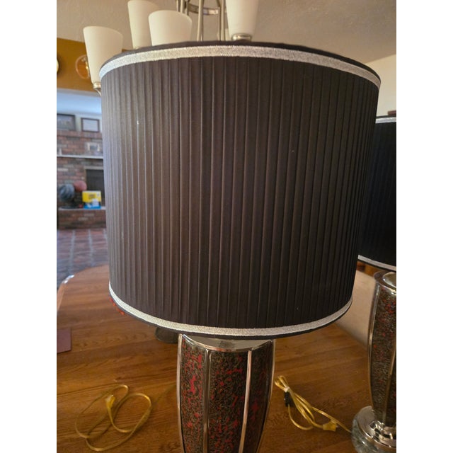 Black Vintage Mid-Century Modern Lawrin Red Volcanic & Chrome Table Lamps - Pair For Sale - Image 8 of 8