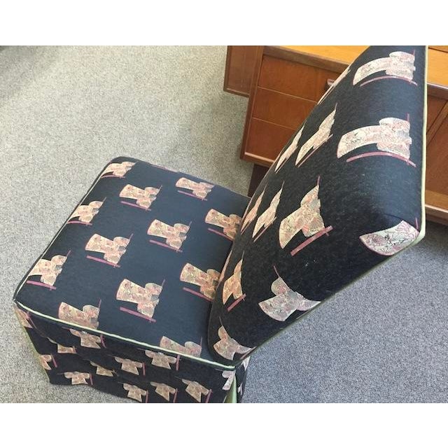 Set of Five Parson Style Custom Chairs With Asian Upholstery, Skirted Bottom With Silk Inner Lining. For Sale - Image 11 of 14