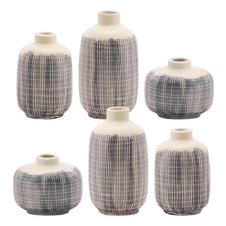 Mini Terra Cotta Bud Vase with Navy Criss Cross Pattern (Set of 6) For Sale