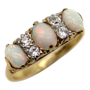 1900-1909 Edwardian 18k Gold Opal and Diamond Three-Stone Ring, Size 7