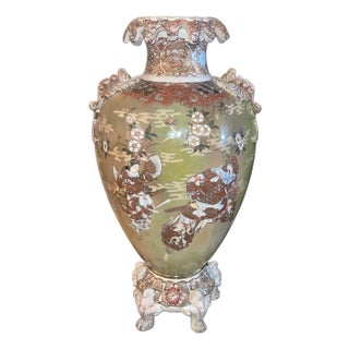 Large Antique Japanese Satsuma Earthenware Floor Vase Meiji Style, Early 20th C. For Sale