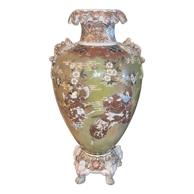 Large Antique Japanese Satsuma Earthenware Floor Vase Meiji Style, Early 20th C. For Sale
