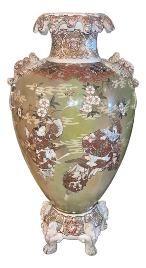 Large Antique Japanese Satsuma Earthenware Floor Vase Meiji Style, Early 20th C.