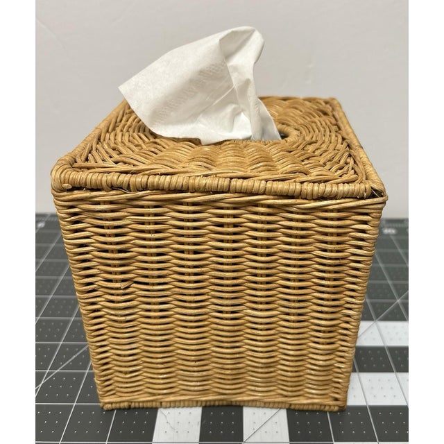Wood 1970s Natural Woven Rattan Tissue Box Holder For Sale - Image 7 of 8