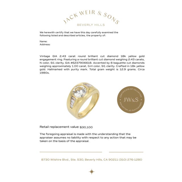 Gold Vintage Gia 2.43 Round Brilliant Cut Diamond 18k Yellow Gold Engagement Ring, Size 7.75 For Sale - Image 8 of 8