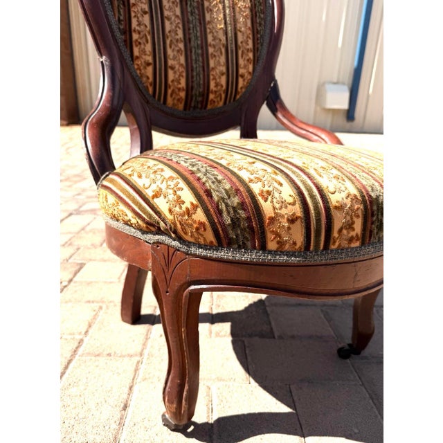 French Antique Carved Mahogany Accent Chair With Striped Floral Upholstery. For Sale - Image 3 of 7