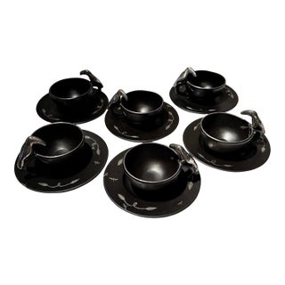 Vintage 1990s Emilia Castillo Mexican Silver Ceramic Toucan Cups Saucers Sets - Set of 6 For Sale