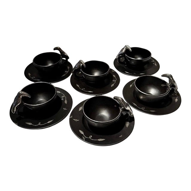 Vintage 1990s Emilia Castillo Mexican Silver Ceramic Toucan Cups Saucers Sets - Set of 6 For Sale