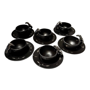 Vintage 1990s Emilia Castillo Mexican Silver Ceramic Toucan Cups Saucers Sets - Set of 6