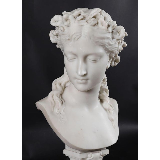 Stone Eugene-Antoine Aizelin, Antique Bust of a Grecian Lady, 19th Century, Carrara Marble For Sale - Image 7 of 18