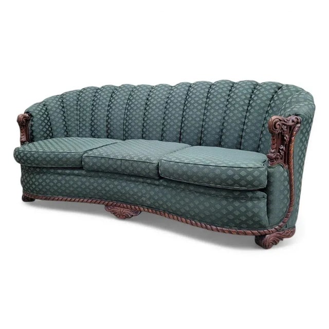 Art Deco Carved Ornate Channel Back Curved Sofa, Lounge Chair and Ottoman for Reupholstery - Set of 3 For Sale - Image 4 of 12