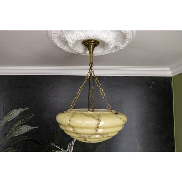 Art Deco Layered Marbled Yellowish Beige and Brown Glass and Brass Pendant Light, 1950s For Sale - Image 15 of 18