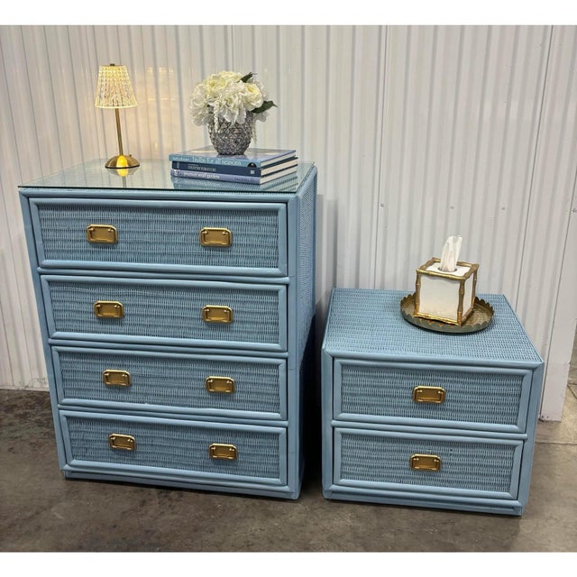 Shabby Chic Coastal Chic Rattan Wicker Dresser & Nightstand Set For Sale - Image 3 of 12