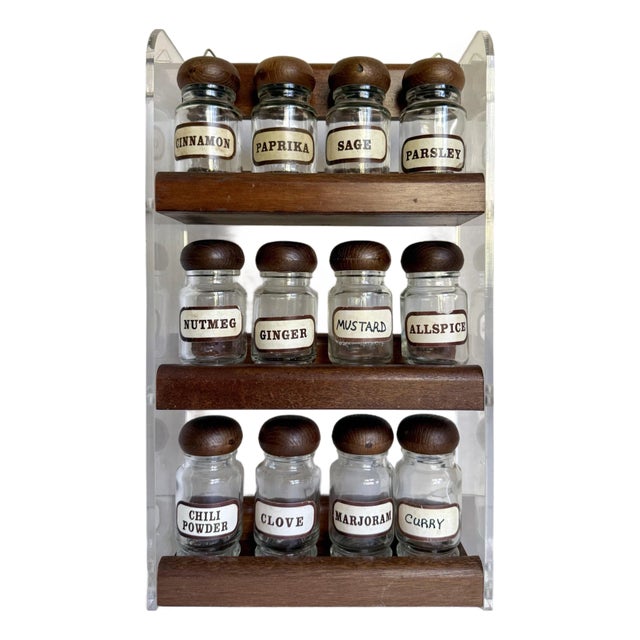 MCM Acrylic and Wood Glass Bottle Spice Rack For Sale
