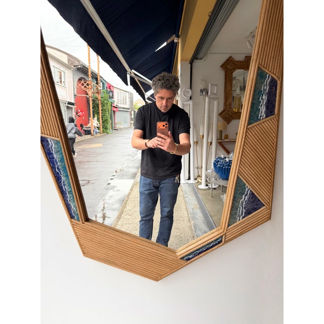 Contemporary Asymmetrical Mirror Rattan Marquetry and Enamel Metal. Italy For Sale - Image 12 of 12