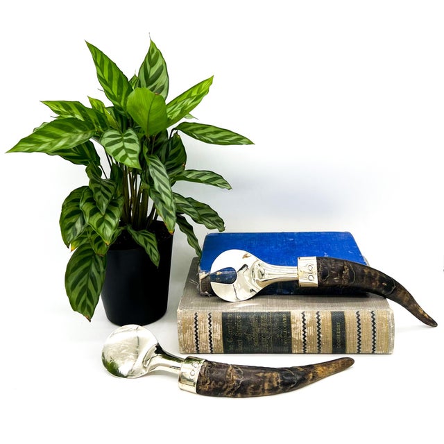 Striking vintage horn-handled serving set, featuring beautifully curved natural horn grips paired with polished silver-...
