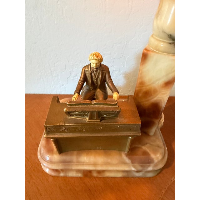 Stone Antique Art Deco Alabaster Beehive Lamp With Spelter Pianist Figure For Sale - Image 7 of 10