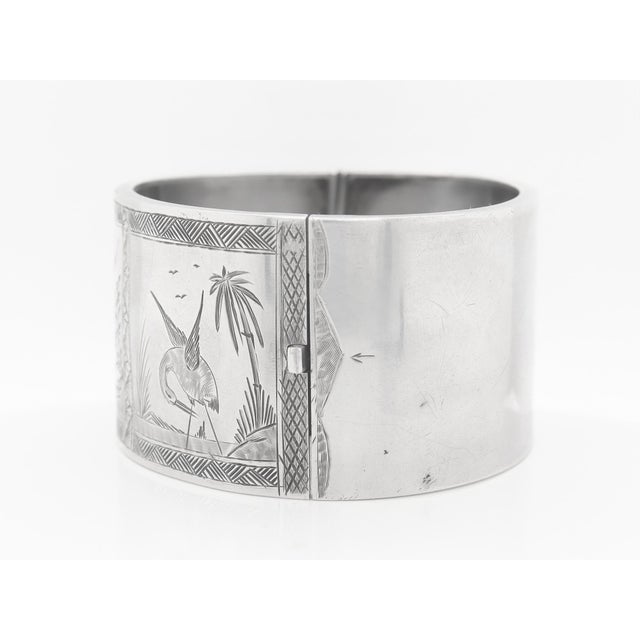 English Victorian Aesthetic Sterling Silver Bangle Bracelet With Scenes of Birds For Sale - Image 4 of 12