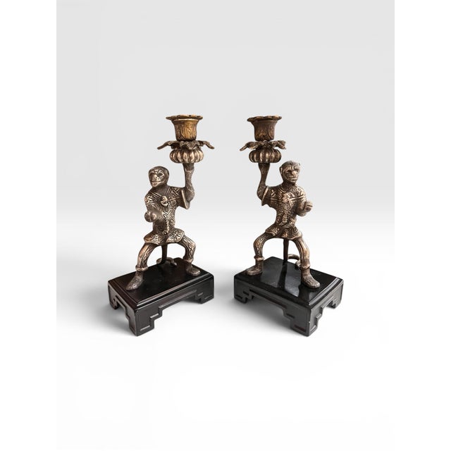 Metal Vintage Castilian Imports Silver-Tone Monkey Opera Candlesticks – Pair, India, 1980s For Sale - Image 7 of 8