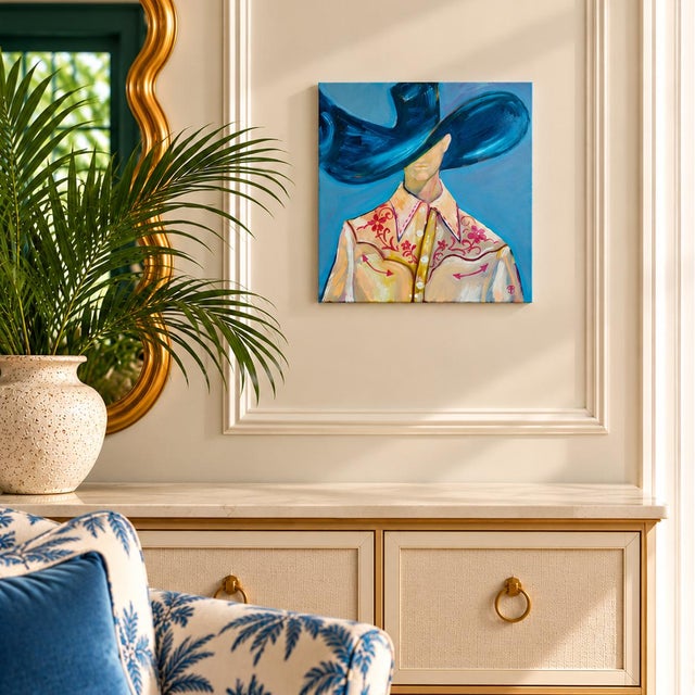 An original oil painting on stretched canvas by Tatiana Duperault, signed by the artist. A faceless cowboy in a dramatic...