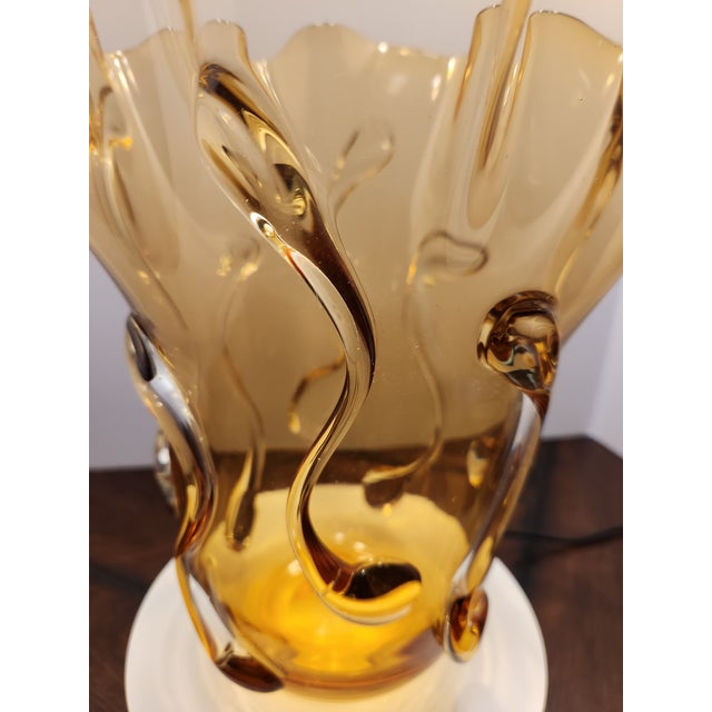 Mid-Century Modern Vintage Mid Century Murano Amber Art Glass Ruffled Vase Applied Trail 15" For Sale - Image 3 of 8