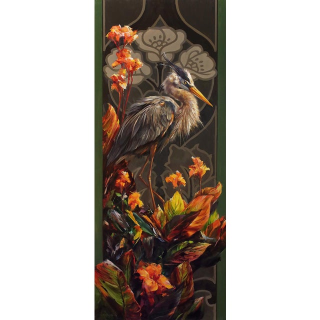 Apricity by Lindsey Kustusch | Oil on panel Painting of herons among flowers and foliage For Sale - Image 4 of 4