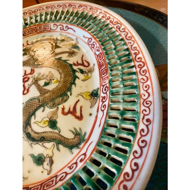 1970s Chinese Famille Rose Porcelain Dragon Dish With Reticulated Edge For Sale - Image 4 of 11
