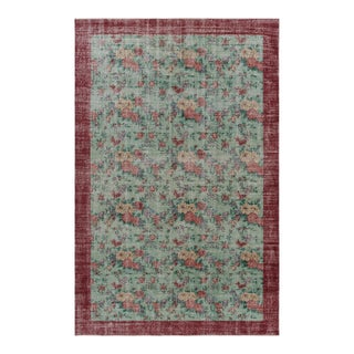Vintage Distressed Rug, Soft Sage and Red Floral Allover Pattern - Rug & Kilim For Sale
