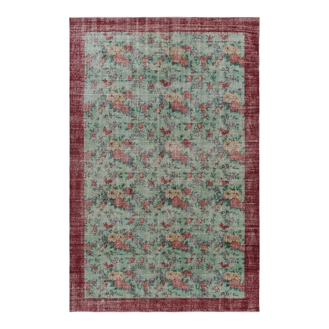 Vintage Distressed Rug, Soft Sage and Red Floral Allover Pattern - Rug & Kilim For Sale