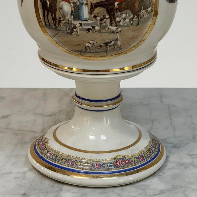 Pair Antique Belgian Pêtre À Baudour Neoclassical Porcelain Hunt Scene Urns For Sale - Image 13 of 18