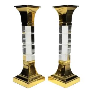 Lucite and Brass Large Candle Holders Candlesticks 1970s. Mid Century