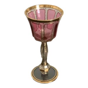 Vintage Moser Gilt Cranberry Panel Bohemian Cabochon Wine Glass in Black Box