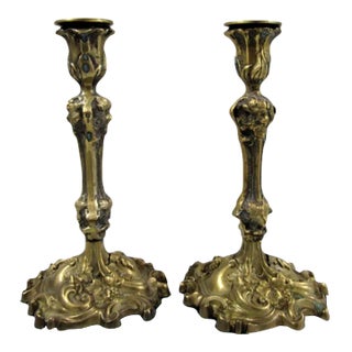 Pair of 1940s French Rococo Revival Style Brass Over Bronze Doré Candlesticks For Sale