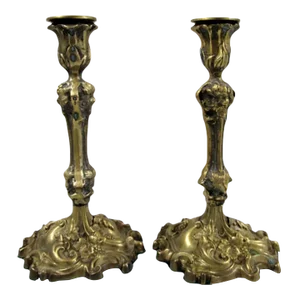 Pair of 1940s French Rococo Revival Style Brass Over Bronze Doré Candlesticks