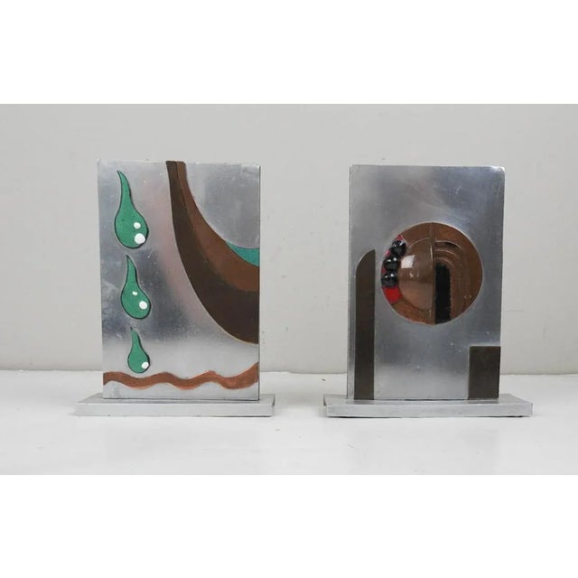 1920s Vintage Abstract Art Deco Metal Enamel Sculpture Bookends For Sale - Image 5 of 10