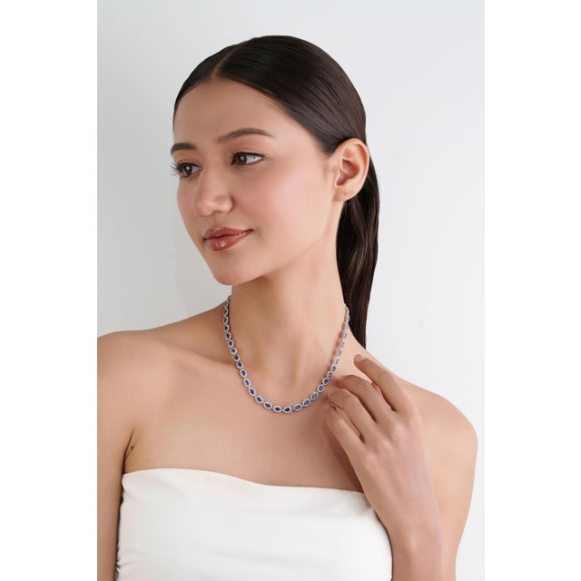 Navy Blue Estate Blue Sapphire Diamond Art Deco Tennis Necklace in 18k White Gold For Sale - Image 8 of 16