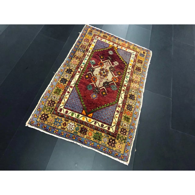 Textile Red Purple and Yellow Nomadic Traditional Handmade Aztec Turkish Rug For Sale - Image 7 of 11