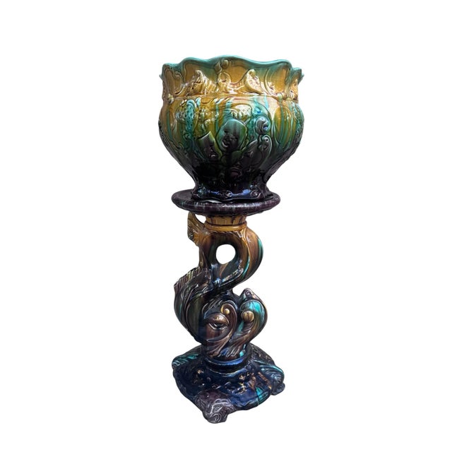 Vintage Weller Majolica Pottery Jardiniere & Pedestal Set For Sale - Image 9 of 9