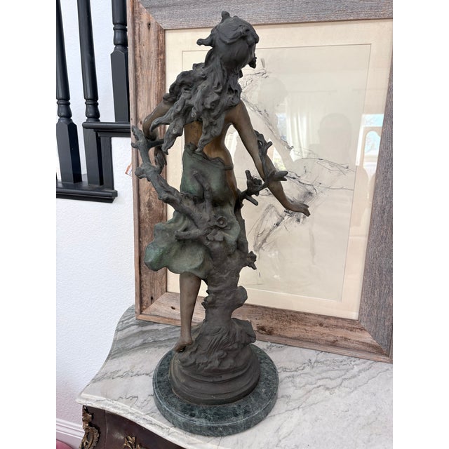 Stone Antique A. Moreau “Morning” Signed Bronze Sculpture on Green Marble For Sale - Image 7 of 7