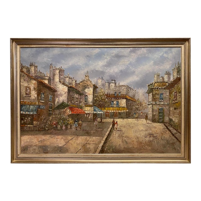 Large Louis Basset Paris Street Scene Oil Painting, Montmartre Café Landscape For Sale