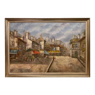 Large Signed Louis Basset Paris Street Scene Oil Painting, Montmartre Café Scene For Sale