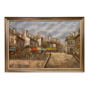 Large Signed Louis Basset Paris Street Scene Oil Painting, Montmartre Café Scene
