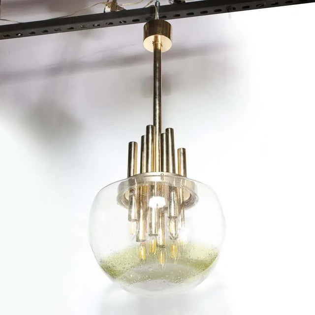 Mid-Century Modern Mid-Century Modern Brass & Hand Blown Translucent/ Topaz Murano Glass Chandelier For Sale - Image 3 of 12