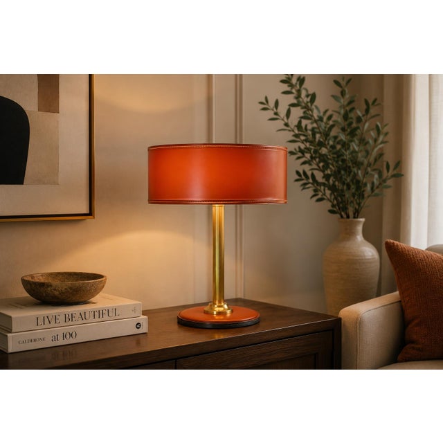Mid-Century Modern Mid-Century Leather and Brass Table Lamp with Drum Shade, 1950s For Sale - Image 3 of 12
