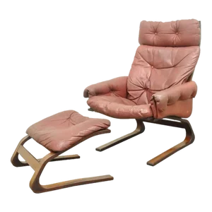 Rybo Rykken Mid 20th Century Modern Rosewood Leather Kengu Lounge Chair and Ottoman