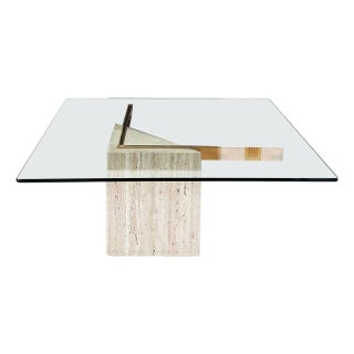 1970s Postmodern Travertine and Brass Attributed to Artedi Glass Coffee Cocktail Table For Sale