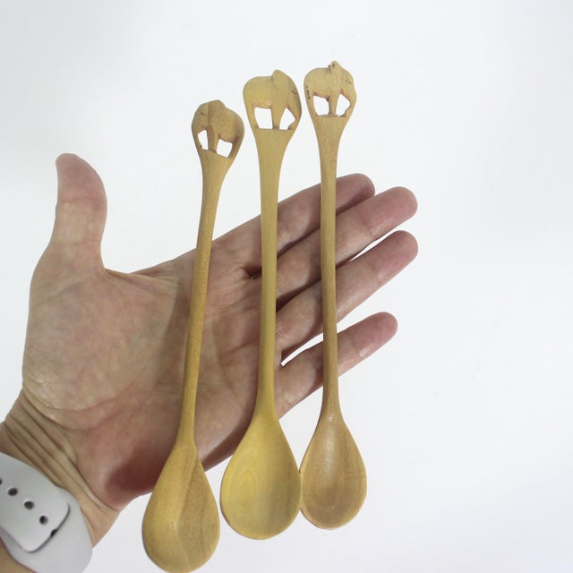 Tribal Vintage Carved Elephant Animal Wood Condiment or Sugar Spoons- Set of 3 For Sale - Image 3 of 7