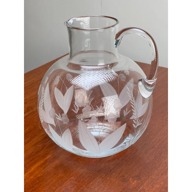 Traditional Vintage Tiffany & Co. Etched Crystal Pitcher Featuring a Lily of the Valley Floral Motif For Sale - Image 3 of 9