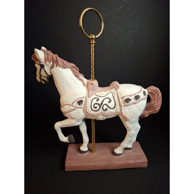 1980s Vintage 1983 Austin Sculpture Carousel Horse Durastone Statue Brass Pole Ring Base 15" For Sale - Image 5 of 14
